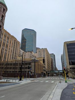 city of minneapolis city downton skyline on cloudy day