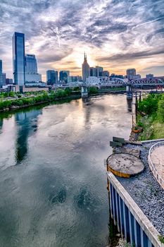 Nashville tennessee city skyline at sunset on the waterfrom