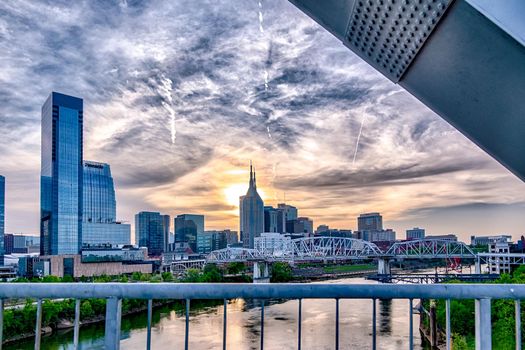 Nashville tennessee city skyline at sunset on the waterfrom