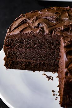 delicious triple chocolate cake on a white plate Chocolate cake
