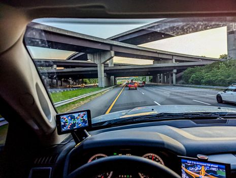 driving on highway early morning in traffic