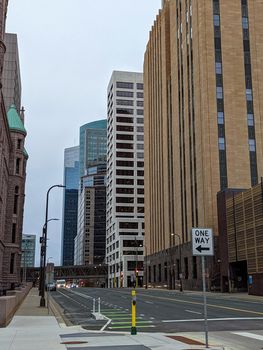 city of minneapolis city downton skyline on cloudy day