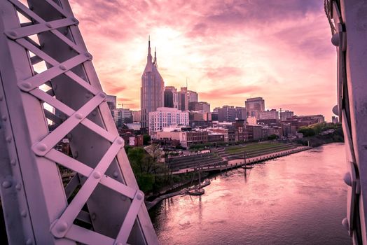 Nashville tennessee city skyline at sunset on the waterfrom