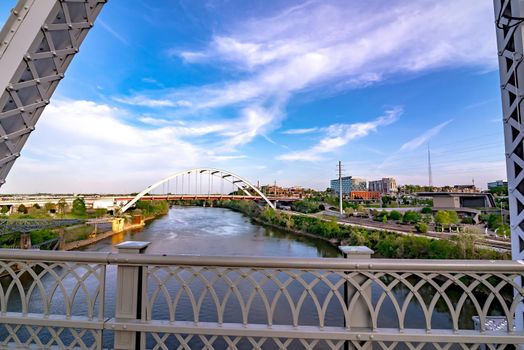 Nashville tennessee city skyline at sunset on the waterfrom