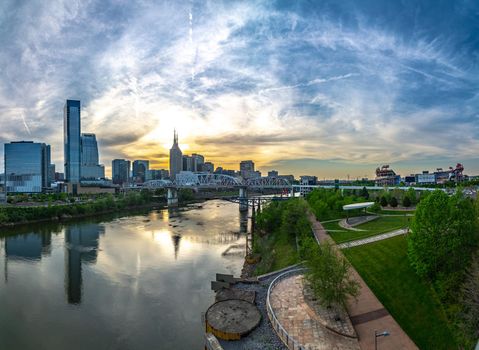 Nashville tennessee city skyline at sunset on the waterfrom