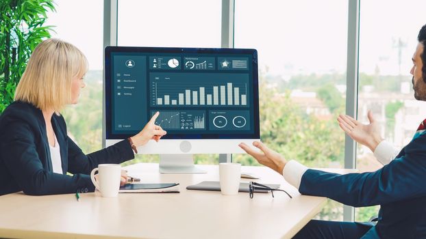 Business data dashboard analysis by ingenious computer software . Investment application display business sales and profit on the computer screen and advise marketing planning decision .
