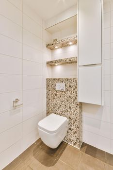 Toilet tub in the bright washroom with white brown tiled walls