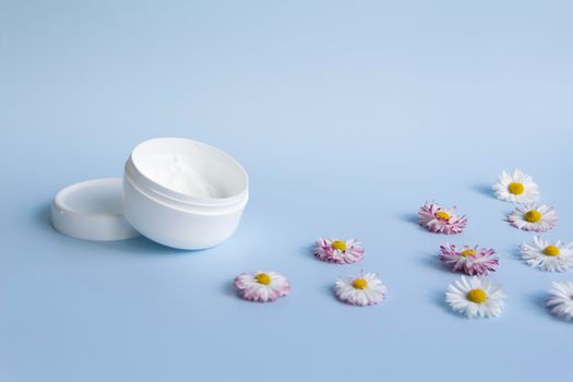 Fresh flowers, daisies are laid out in a corner and a white jar with a cream cosmetic on a blue background and a free space for advertising.