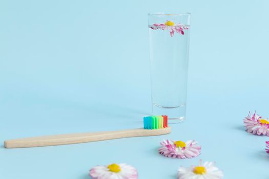 An ecological wooden toothbrush, a glass with clean, clear water and a white daisy on a blue background. And an empty space for advertising dentistry.