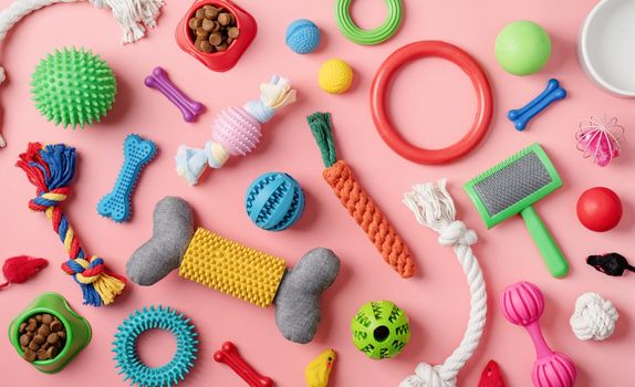 Pet care concept, various pet accessories and tools, toys, balls, brushes on pink background, flat lay pattern