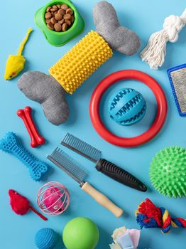 Pet care concept, various pet accessories and tools, toys, balls, brushes on blue background, flat lay pattern