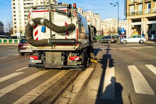 Car traffic, pollution, traffic jam in the morning and evening in the capital city of Bucharest, Romania, 2022