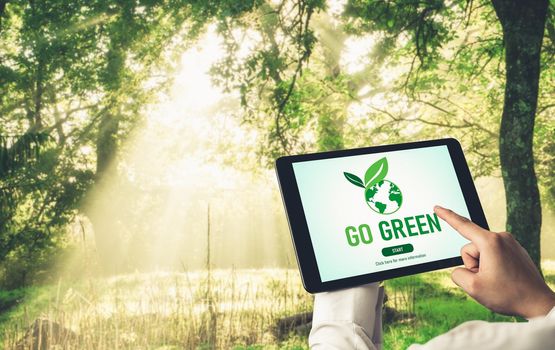 Green business transformation for environment saving and ESG business concept. Businessman using tablet to set corporate goal toward environmental friendly management and alternative clean energy use.