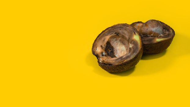 Ugly food on yellow background. Bad avocado. Rotten tropical fruits. Concept of rotten fruit. Copy space on yellow background.