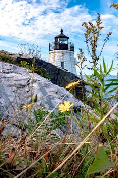 Scenic view of white Castle Hill Lighthouse, Newport, Rhode Island