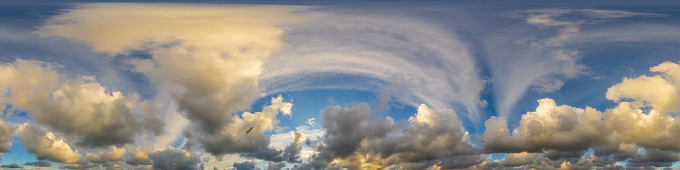 Dark blue twilight sky panorama with Cumulus clouds. Seamless hdr 360 panorama in spherical equiangular format. Full zenith or sky dome for 3D visualization, sky replacement for aerial drone panoramas