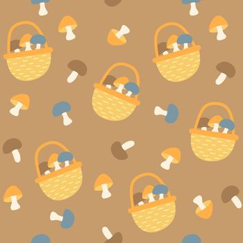 Seamless pattern - hand drawn mushrooms and basket. Vector illustration. Fall endless texture