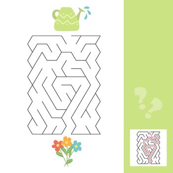 A puzzle game for kids. Go through the maze, watering can and flowers. Vector isolated on a white background. Labyrinth game with answer