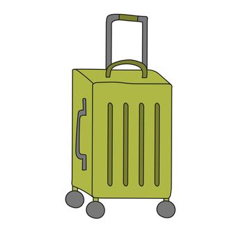 Green suitcase for traveling on wheels. In a cartoon style. Simple icon for your design. On white background