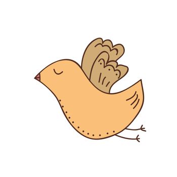 Hand-drawn vector illustration of one brown cute bird on white background. Simple cartoon element