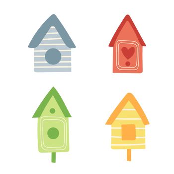 Wooden birdhouse, set of icons of house for birds. Hand drawn vector illustration. Isolated element on a white background.