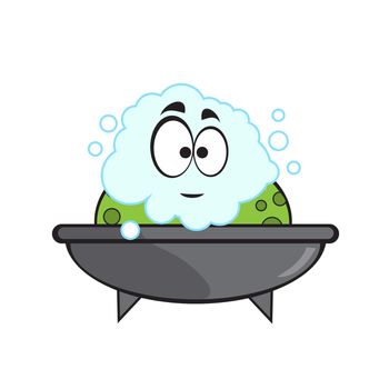Cute frog taking bubble bath in bathtub. Cute cartoon animal illustration on white