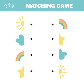 Puzzle game for kids. Activity page. Connect the parts of picture with cute sun, cloud, rainbow, star. Isolated vector illustration. Cartoon style.