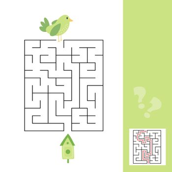Maze game. Cartoon bird and birdhouse. Kids educational page with answer. Simple labyrinth game