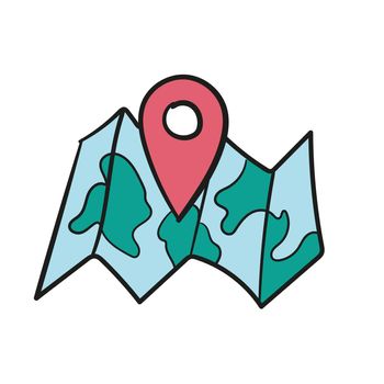 Hand drawn vector map for traveling with geotag in doodle style. Folded paper map with a route and map pointer, GPS location symbol isolated on white