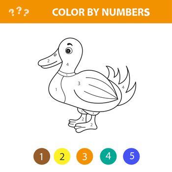 Color by numbers, printable activity with cute duck. Worksheet for education for kids