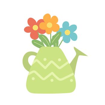 Flower bouquet in the watering can. Cute springtime flat hand drawn cartoon style vector illustration isolated on white background.