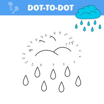 Connect the dots children educational drawing game. Dot to dot by numbers game for kids. Printable worksheet activity with cute rainy cloud