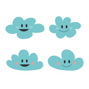 Cute hand drawn print with happy blue smiling clouds. Simple vector illustration on white. Set of cute icons