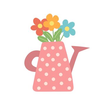 Flower bouquet in the watering can. Cute springtime flat hand drawn cartoon style vector illustration isolated on white background.