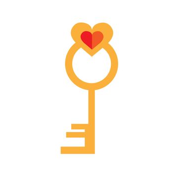 Heart-shaped golden key isolated on white background. Flat vector stock illustration. Simple icon