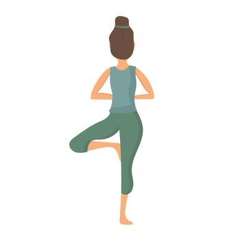 Cartoon woman standing in vrksasana posture vector flat illustration. Active female in tree pose on white. Girl exercising enjoying healthy lifestyle