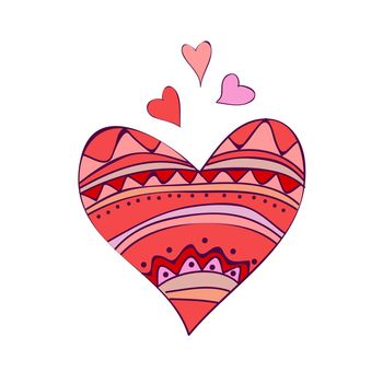 Doodle red heart. Vector heart on white background with pattern. Hand drawn style. Doodle card for Valentine Day on white
