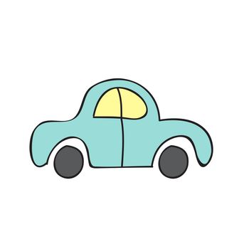 Cute blue car isolated on a white background. Icon in hand drawn style for design of children rooms, clothing, textiles. Vector illustration