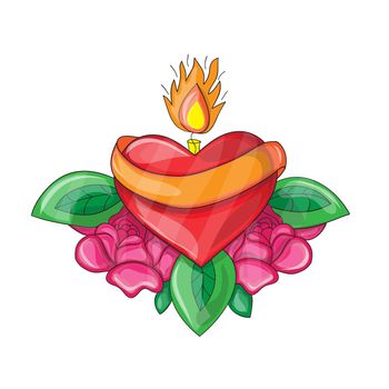 Red heart with a burning candle. Vector illustration. Fire of love. Flame of heart. Sketch for tattoo, poster, print, t-shirt. Cartoon style design.