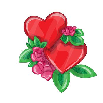 Vector illustration with two cartoon hearts and roses. Isolated heart on a white background. Print, romantic holiday card, valentine day card
