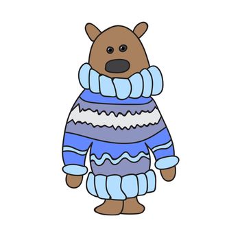 Bear in blue sweater. Cartoon cute isolated baby illustration on white background. Vector