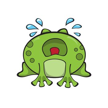 Cute sad frog sitting and crying. Green funny cartoon frog character. Vector illustration on white