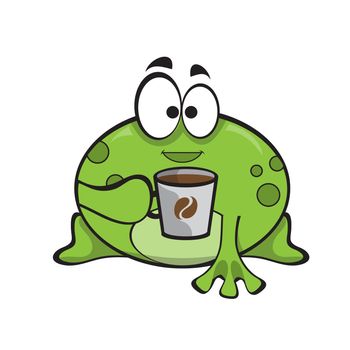 Cute happy frog with cup of hot coffee. Cute cartoon animal illustration on white