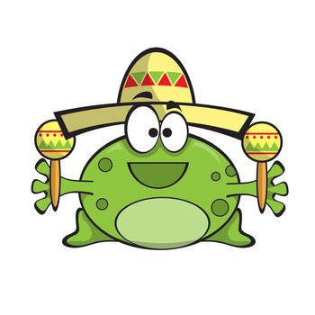 Frog in a sombrero with maracas. Mexican style. Cartoon vector illustration on white