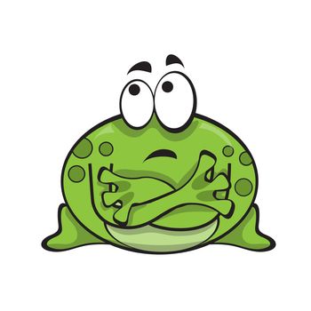 Cute green frog with crossed arms. Vector illustration in cartoon style. Print for T-shirts, shoppers. Waiting concept