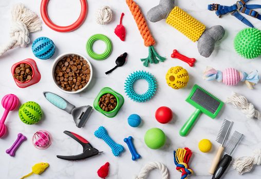 Pet care concept, various pet accessories and tools, toys, balls, brushes on white marble background, flat lay pattern