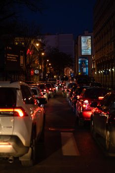 Car traffic, pollution, traffic jam in the morning and evening in the capital city of Bucharest, Romania, 2022