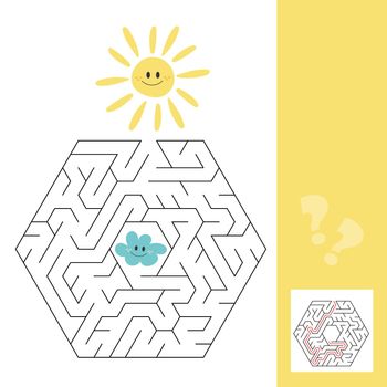 Sun and cloud, labyrinth maze for children. Search hidden way, the educational game for kids. Game for kids with solution