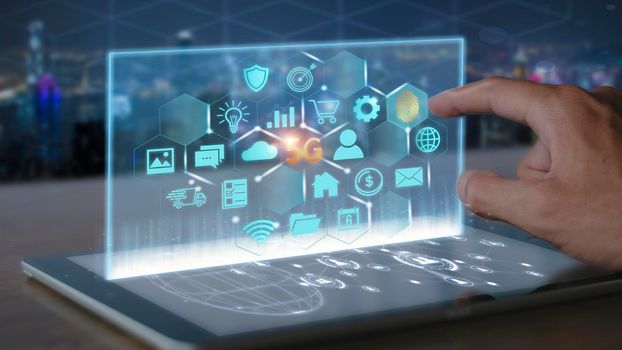 Man hand use finger touch fingerprint connect to screen Digital transformation, new technology and business process strategy, automate operation, customer service management, social network 5G