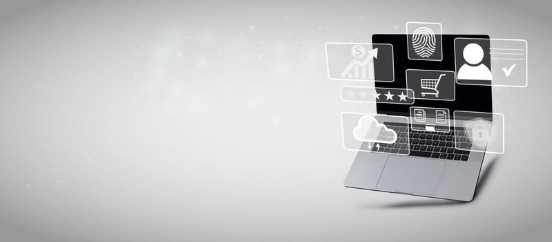 Laptop with social media, social network graphic on gray background with copy space banner mockup. Electronic ID card, stock market, online shopping, cloud, fingerprint, internet security